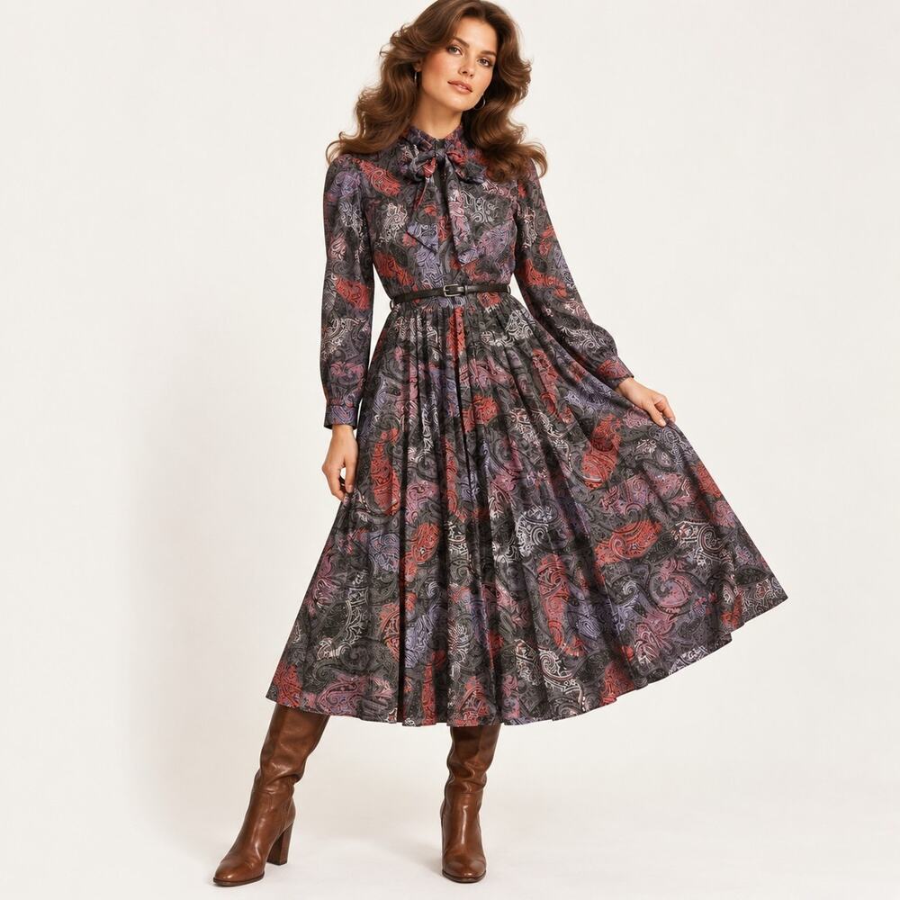 Vintage 70s C&A Paisley Midi Dress Size M 40 Bow Belted Edwardian Revival